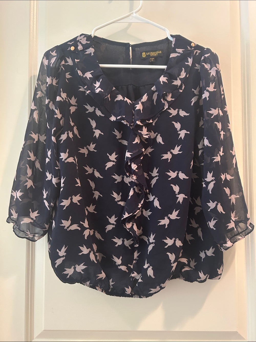 La Chapelle Sport Vintage Dove Love Birds Print Ruffle Blouse 3/4 sleeve size 40